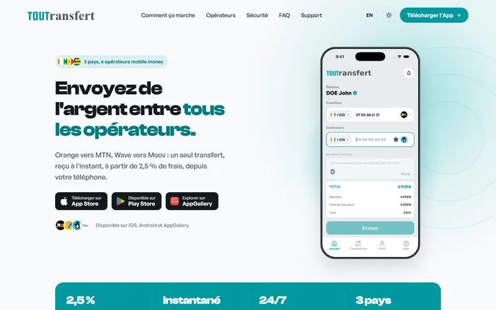 Page d’accueil de TOUTransfert